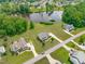 Expansive aerial shot showcases a lovely two-story home nestled beside a calm, reflective pond at 7217 Leando Dr, Willow Springs, NC 27592