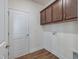 Laundry room with overhead storage cabinets and washer/dryer hookups at 239 Faith Avenue, Sanford, NC 27330