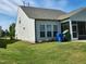 Well-manicured backyard with lush green grass, mature trees and landscaping and a covered patio at 2432 Nassau Trce, Fuquay Varina, NC 27526