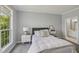 Bright bedroom featuring neutral decor, a comfortable bed, and a view of the yard at 2521 Friedland Pl # 303, Raleigh, NC 27617