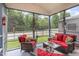 Relaxing screened patio with comfortable red seating and a view of the backyard at 2810 Catamaunt, Durham, NC 27704