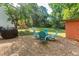 Backyard patio with gravel, blue Adirondack chairs around a fire pit, grill, and lush lawn at 309 E End Ave, Durham, NC 27703