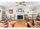 Comfortable living room showcasing wood floors, fireplace, ceiling fan, and stylish furniture at 409 Trail Two, Burlington, NC 27215