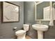 Powder room with gray ship lap walls, pedestal sink, toilet, and framed artwork at 4106 Sweet Ivy Lndg # 179, Durham, NC 27703