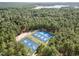 This aerial view features a community sports court surrounded by trees, with a lake visible in the background at 115 Baystone Dr, Sanford, NC 27332