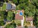 Aerial view of a house with a swimming pool, surrounded by green trees and manicured lawns at 2020 Port Royal Rd, Raleigh, NC 27609