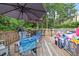 Wooden deck area with seating, shade umbrella, and view of the private backyard, offering comfort and style at 2020 Port Royal Rd, Raleigh, NC 27609