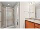 Bathroom with glass shower, vanity with granite counters and tile floor at 449 Christian Creek Pl, Cary, NC 27519