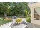 Backyard featuring a patio with table set, wrought iron fence, and a lush lawn at 321 Wescott Ridge Dr, Holly Springs, NC 27540