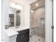 Bathroom with a single sink vanity and a glass-enclosed shower at 5215 Goshawk Ln, Graham, NC 27253