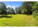 Exterior view of a home's backyard with a lush lawn, tall trees, and side view of a blue home at 545 Barnette Rd, Louisburg, NC 27549
