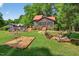 Inviting backyard with a fire pit, seating area, and a sandy play area, perfect for entertaining at 133 Acorn Ln, Pittsboro, NC 27312