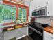 Bright kitchen with stainless steel microwave, subway tile backsplash and view of the backyard at 133 Acorn Ln, Pittsboro, NC 27312