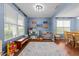 Charming playroom with blue walls, hardwood floors, and natural light from large windows at 4014 White Kestrel Dr, Raleigh, NC 27616