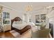 Spacious main bedroom with fireplace, sitting area, and pool view at 291 Riverstone Dr, Pittsboro, NC 27312