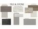 Listing of tile and stone features for the primary bathroom, guest bathroom, and kitchen at 72 Hazelwood, Pittsboro, NC 27312
