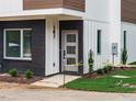 Up close view of the main entry of the new modern townhome at 1527 Havenmont Ct, Raleigh, NC 27608