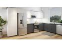 Modern kitchen with stainless steel appliances, gray countertops, white cabinets, and a large window at 106 Broadway St # 202, Durham, NC 27701
