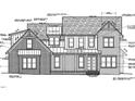 Detailed architectural elevation drawing showcases a modern two-story home's design elements and material specifications at 139 Goodison Park Rd, New Hill, NC 27562