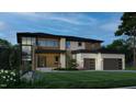 Striking exterior featuring modern architecture, a two-car garage, and lush landscaping in twilight at 4123 Rockingham Dr, Raleigh, NC 27609