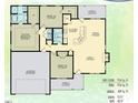 Layout featuring a Primary bedroom, three additional bedrooms, kitchen, dining area, Gathering room, and a two-car garage at 144 Emerson Fields Dr, Pikeville, NC 27863