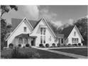 Striking black-and-white elevation showcasing a home's architectural details, landscaping, and covered entry at 222 Kenwood Ln, Pittsboro, NC 27312