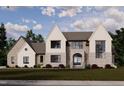 New two-story home featuring mixed material facade with stone accents, complementary windows and an arched front entry at 9105 Overlook Crest Dr, Wake Forest, NC 27587