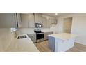 Modern kitchen featuring stainless appliances, quartz counters, and ample storage at 111 Brodhead Dr, Fuquay Varina, NC 27526