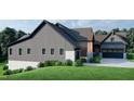Side view showcasing the home's gray siding, stone foundation and landscaping at 143 High Ridge Ln, Pittsboro, NC 27312