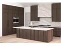 Modern kitchen with sleek wood cabinets, marble backsplash and island with cooktop, and stainless steel oven at 504 Colvard Woods Way Way, Durham, NC 27713