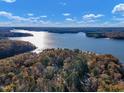 Scenic aerial shot showcasing a tranquil lake surrounded by vibrant fall foliage and blue sky at 3217 Satterwhite Point Rd, Henderson, NC 27537