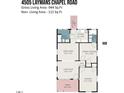 One-story house floor plan, showing a living room, kitchen, two bedrooms and a bathroom at 4505 Laymans Chapel Rd, Durham, NC 27704