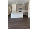 Modern kitchen featuring a large island, gray cabinets, stainless steel appliances, and dark hardwood flooring at 1113 Mountain Crown St, Durham, NC 27703