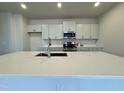 Close-up shot of a kitchen with a stainless sink, quartz counters, and white cabinets at 108 Commons Circle # 228, Clayton, NC 27520