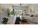 Staged living room with modern furniture, large windows, and neutral color palette at 600 S Duke St # 26, Durham, NC 27701