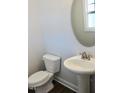 Bathroom features a modern sink with oval mirror and commode at 48 Surles Landing Way, Benson, NC 27504