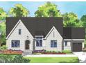An artist's rendering of a single-Gathering home with stone accents, lush landscaping, and a two-car garage at 7934 Wexford Waters Ln, Wake Forest, NC 27587