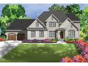 Charming two-story brick home with a lush front yard, colorful flower beds, and a driveway leading to a garage at 6805 Greystone Dr, Raleigh, NC 27615