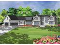 Rendering of a charming home with lush landscaping, a vibrant flower bed, and a spacious three car garage at 7013 Buckhead Dr, Raleigh, NC 27615
