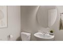 Modern bathroom with a white sink, toilet and round mirror at 1279 Willow Tree Way, Graham, NC 27253