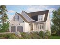 Exterior rendering of a charming two-story home with a landscaped yard, two car garage, and covered front porch at 129 Windel Dr, Raleigh, NC 27609