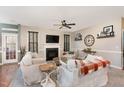 Inviting living room featuring a fireplace, ceiling fan, and two comfortable sofas at 3905 Song Sparrow Dr, Wake Forest, NC 27587