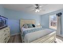 Light blue bedroom with a queen bed and large window at 204 Percheron Dr, Zebulon, NC 27597