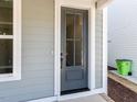 Close up of an gray entry door with a sidelight window at 121 Big Bradley Way, Wendell, NC 27591