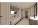 Bathroom with standalone tub, stylish vanity, and a separate glass enclosed shower at 2801 Mount View Church Rd, Moncure, NC 27559