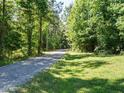 Gravel driveway leading through a green wooded area, providing a secluded entrance to the property at 3958 Buckhorn Rd, Sanford, NC 27330