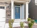 The home features a blue front door with stone accents and manicured landscaping at 1384 Channing Park Cir, Cary, NC 27519