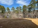 Large, private backyard with mature trees offers space and tranquility at 106 Little Creek Dr, Lillington, NC 27546