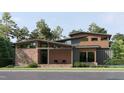 Modern home showcasing a brick facade, wood paneling, expansive windows, and a landscaped front yard at 209 Urban Dr, Cary, NC 27511