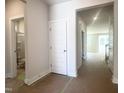 Bright foyer featuring neutral walls and trim that offers views of the living area and bathroom with glass shower at 362 Barbour Farm Ln, Four Oaks, NC 27524